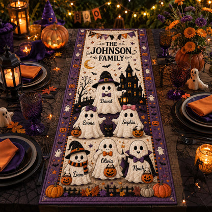 Personalized Halloween Ghost Family Quilted Table Runner, Custom Family Name Table Runner