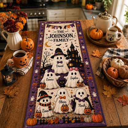 Personalized Halloween Ghost Family Quilted Table Runner, Custom Family Name Table Runner
