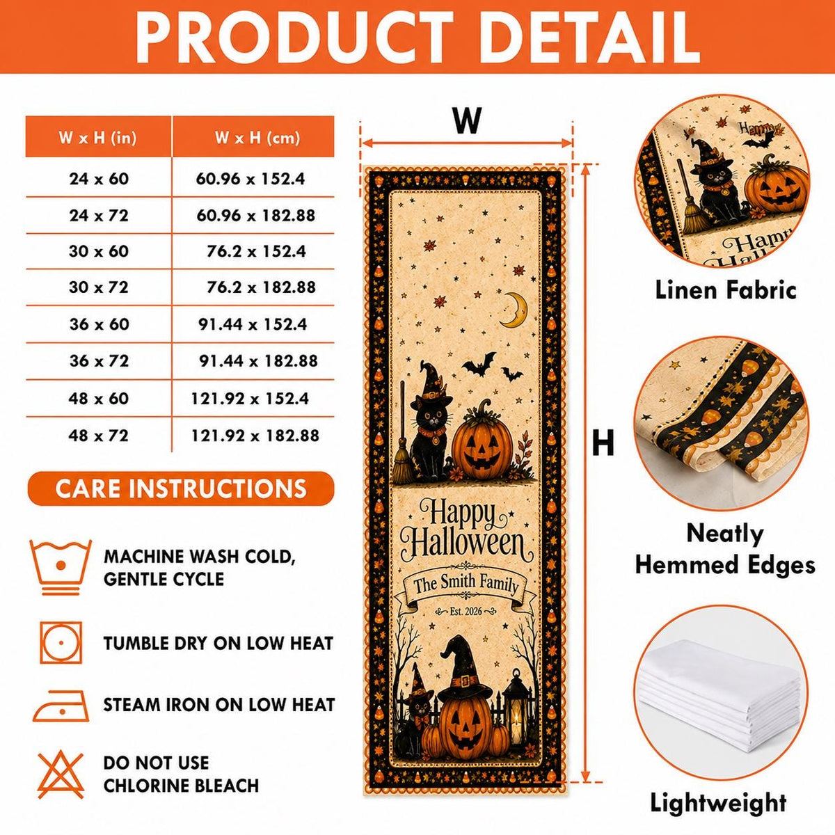 Custom Halloween Linen Table Runner, Personalized Family Halloween Decor