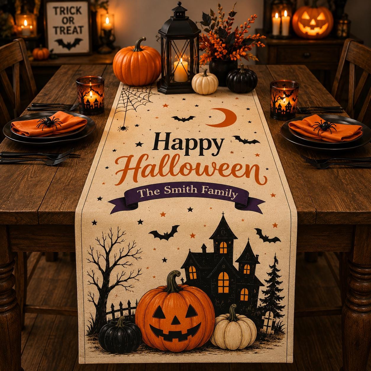 Custom Halloween Linen Table Runner, Personalized Family Halloween Decor