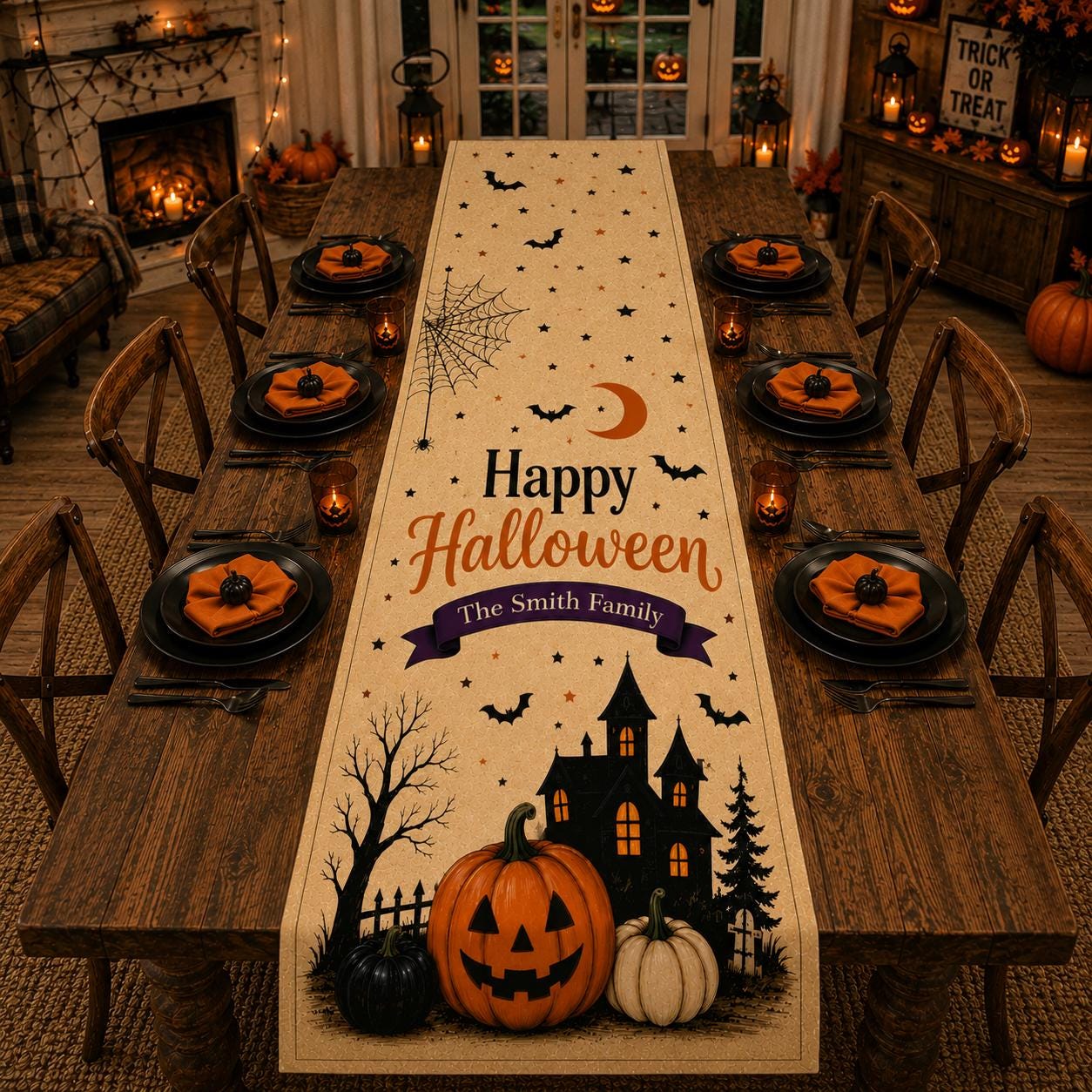 Custom Halloween Linen Table Runner, Personalized Family Halloween Decor