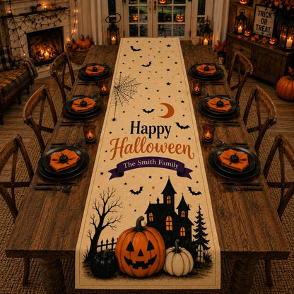 Custom Halloween Linen Table Runner, Personalized Family Halloween Decor