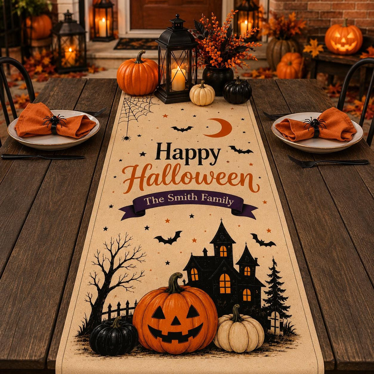 Custom Halloween Linen Table Runner, Personalized Family Halloween Decor
