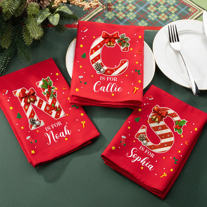 Personalized Christmas Cotton Napkin with Name | Candy Cane Initial | Party Table Decor