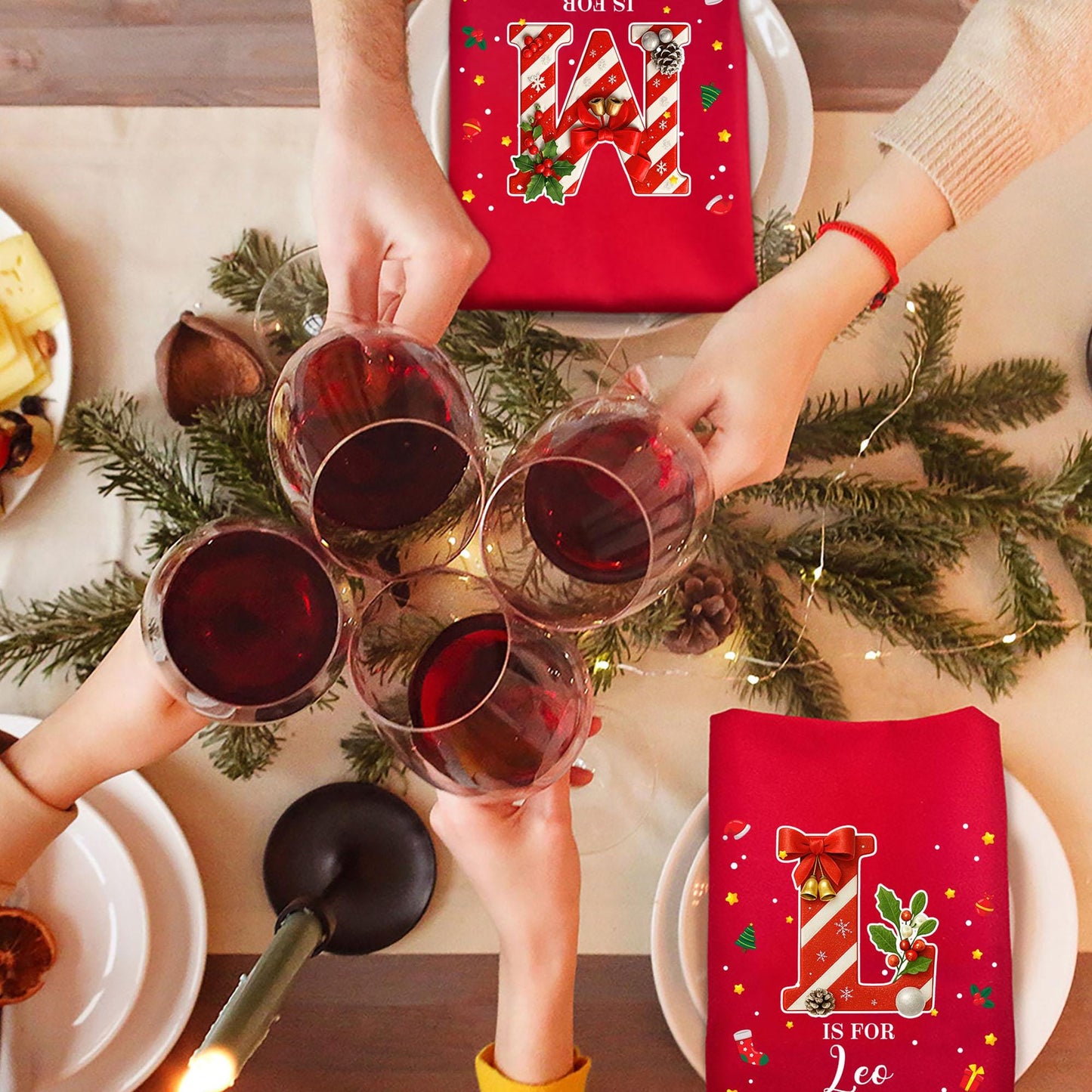 Personalized Christmas Cotton Napkin with Name | Candy Cane Initial | Party Table Decor