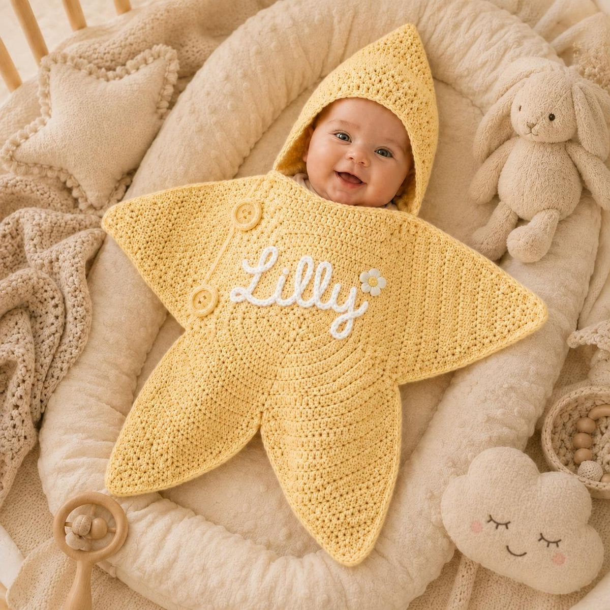Crochet Star Baby Outfit, Personalized Name Hooded Cocoon, Newborn Photo Prop, Baby Shower Gift, PDF Pattern, DIY Kit or Finished