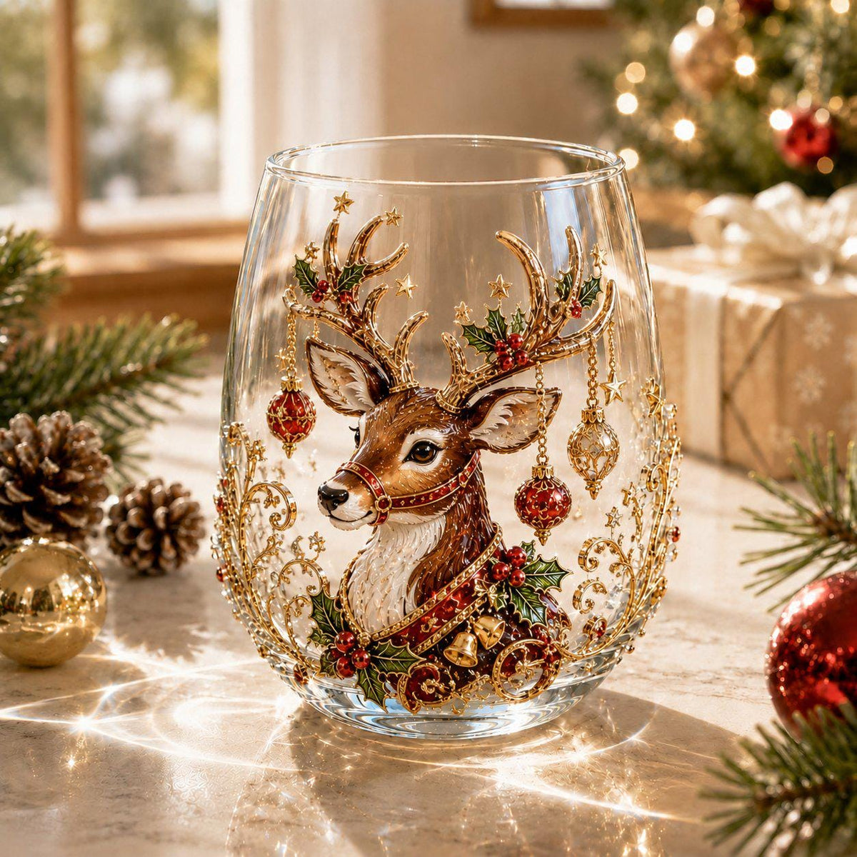 Christmas Glass Cup, Santa Reindeer Snowman Tree Holiday Glassware, Cute Christmas Drink Cup