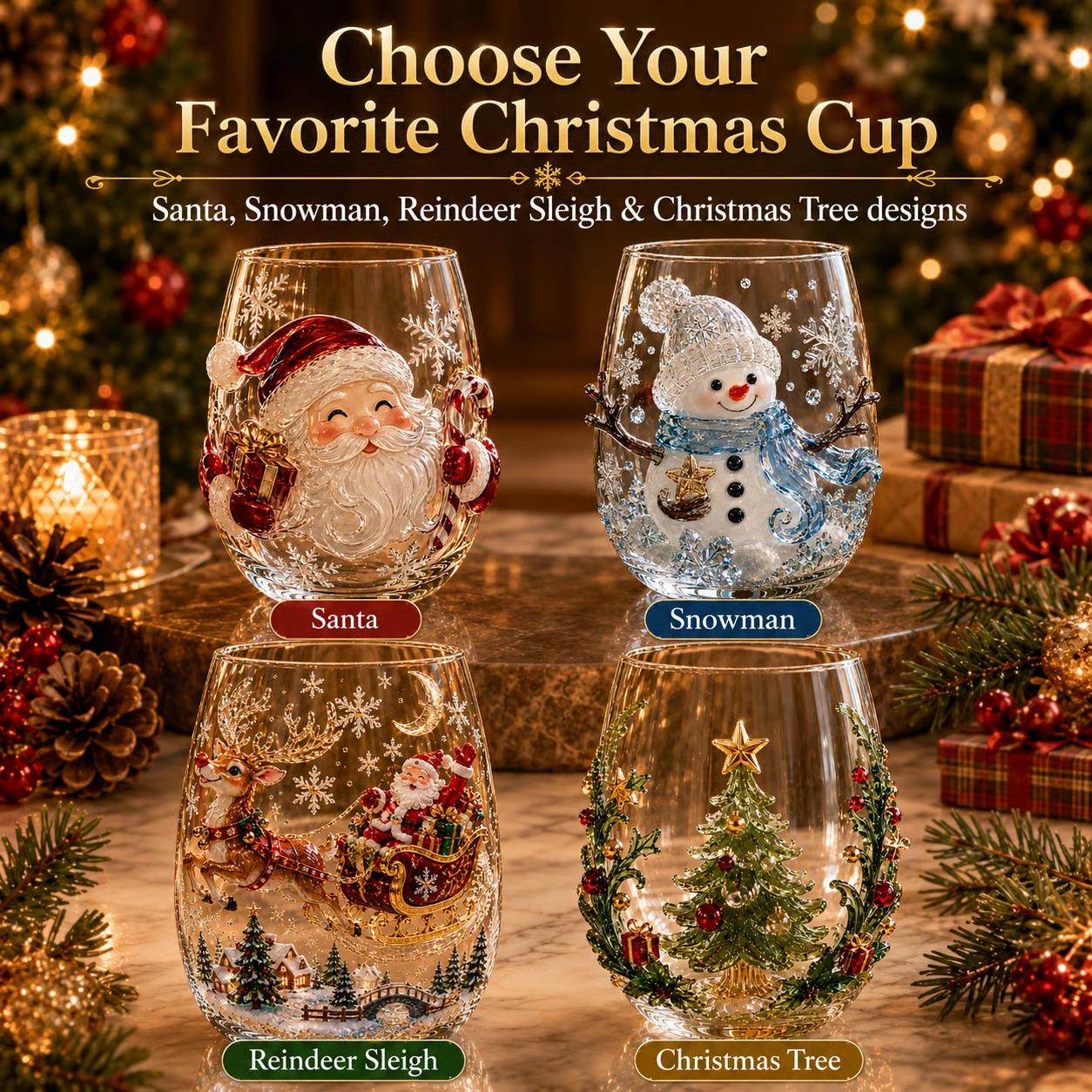 Christmas Glass Cup, Santa Reindeer Snowman Tree Holiday Glassware, Cute Christmas Drink Cup