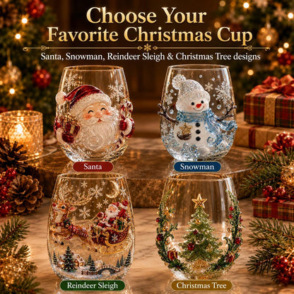 Christmas Glass Cup, Santa Reindeer Snowman Tree Holiday Glassware, Cute Christmas Drink Cup