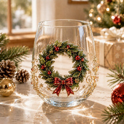Christmas Glass Cup, Santa Reindeer Snowman Tree Holiday Glassware, Cute Christmas Drink Cup