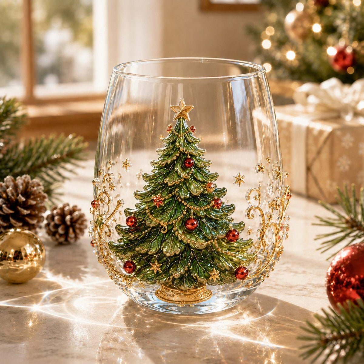 Christmas Glass Cup, Santa Reindeer Snowman Tree Holiday Glassware, Cute Christmas Drink Cup