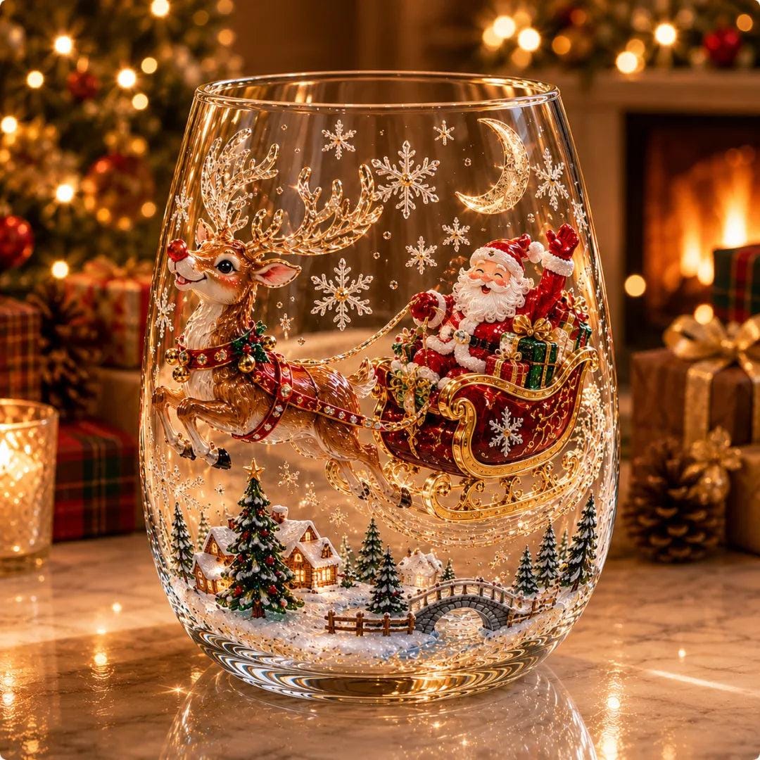 Christmas Glass Cup, Santa Reindeer Snowman Tree Holiday Glassware, Cute Christmas Drink Cup
