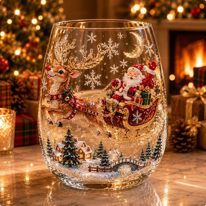 Christmas Glass Cup, Santa Reindeer Snowman Tree Holiday Glassware, Cute Christmas Drink Cup