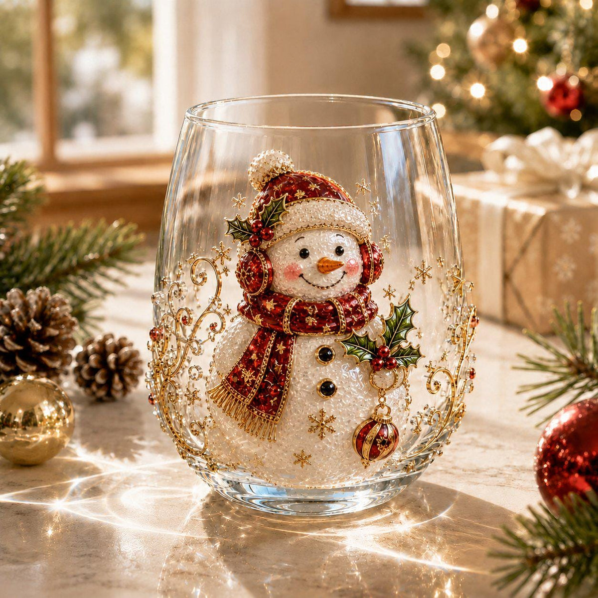 Christmas Glass Cup, Santa Reindeer Snowman Tree Holiday Glassware, Cute Christmas Drink Cup