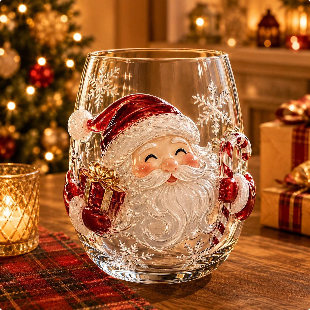 Christmas Glass Cup, Santa Reindeer Snowman Tree Holiday Glassware, Cute Christmas Drink Cup