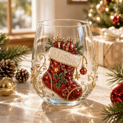 Christmas Glass Cup, Santa Reindeer Snowman Tree Holiday Glassware, Cute Christmas Drink Cup