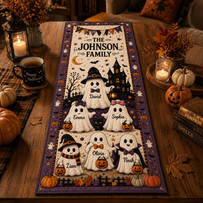 Personalized Halloween Ghost Family Quilted Table Runner, Custom Family Name Table Runner