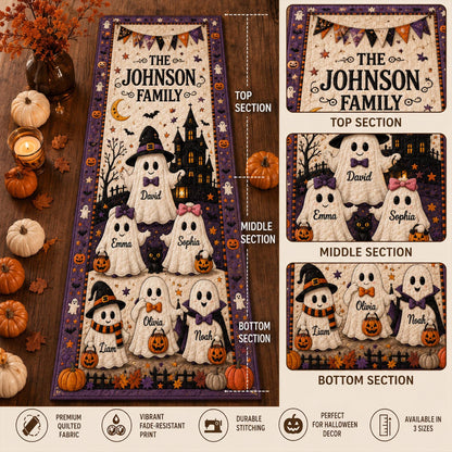 Personalized Halloween Ghost Family Quilted Table Runner, Custom Family Name Table Runner
