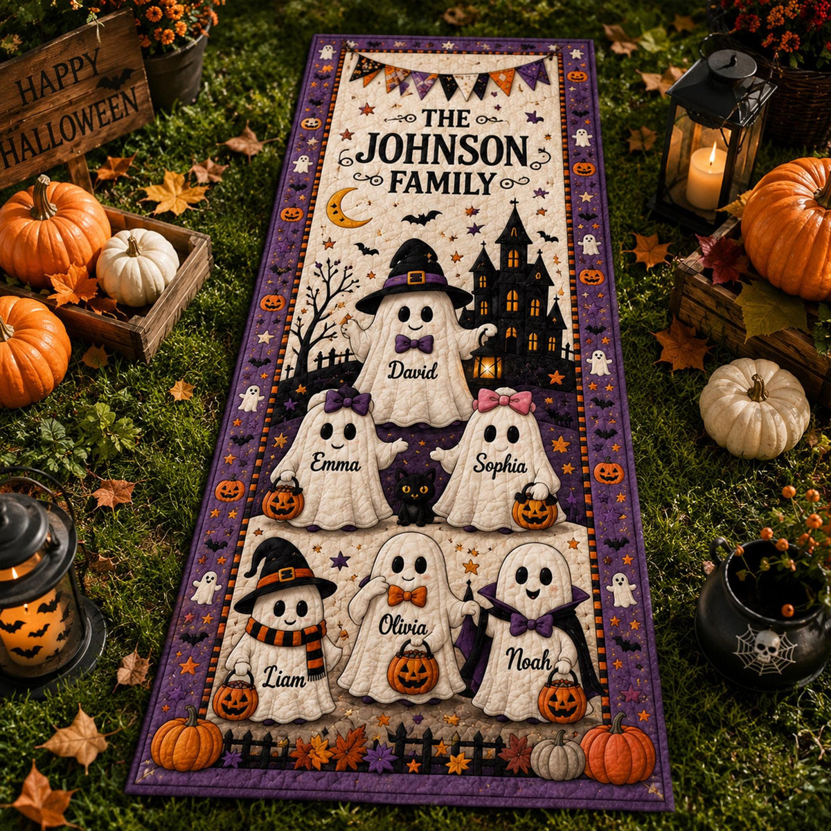 Personalized Halloween Ghost Family Quilted Table Runner, Custom Family Name Table Runner