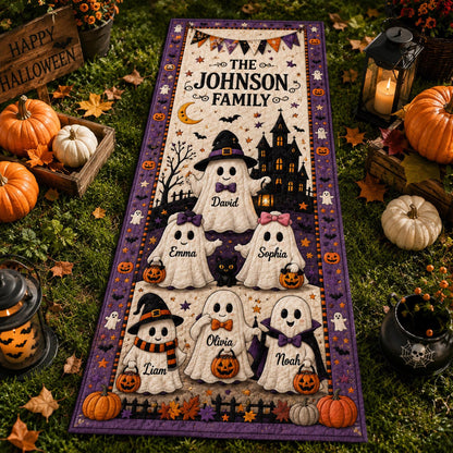 Personalized Halloween Ghost Family Quilted Table Runner, Custom Family Name Table Runner