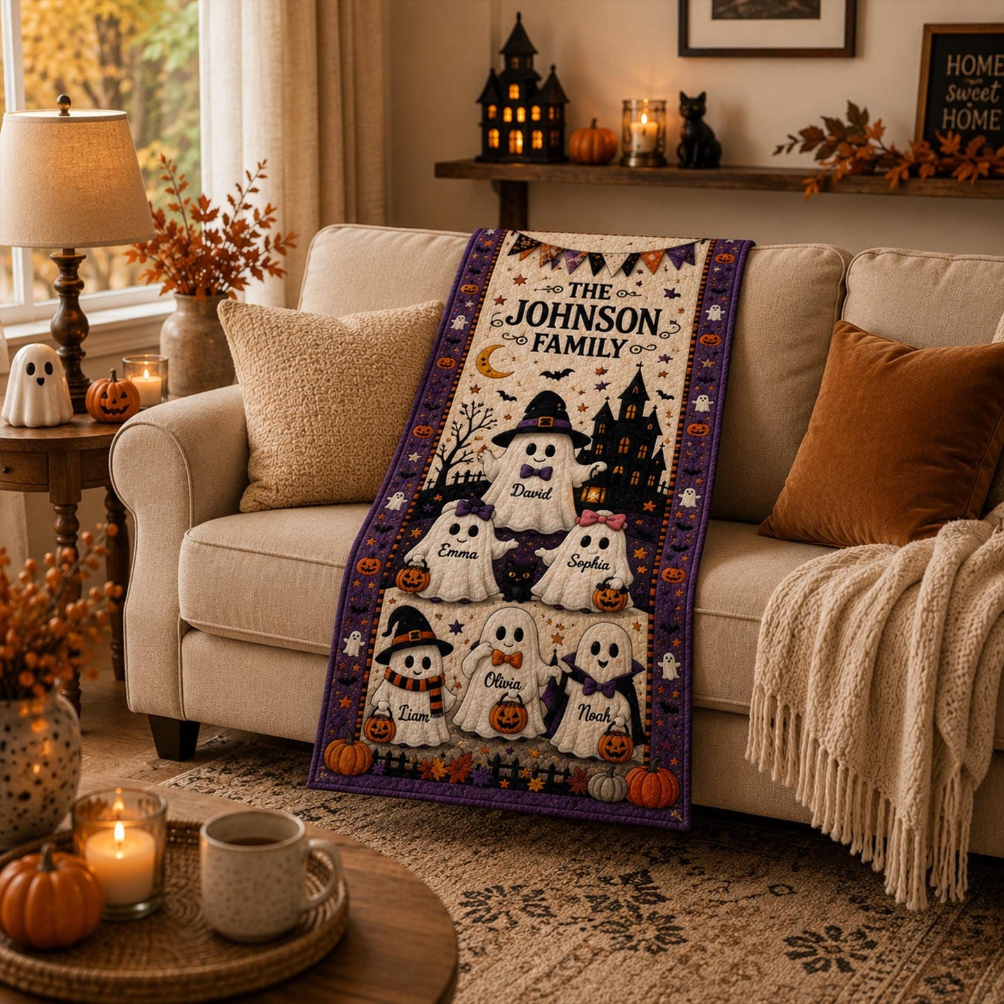 Personalized Halloween Ghost Family Quilted Table Runner, Custom Family Name Table Runner