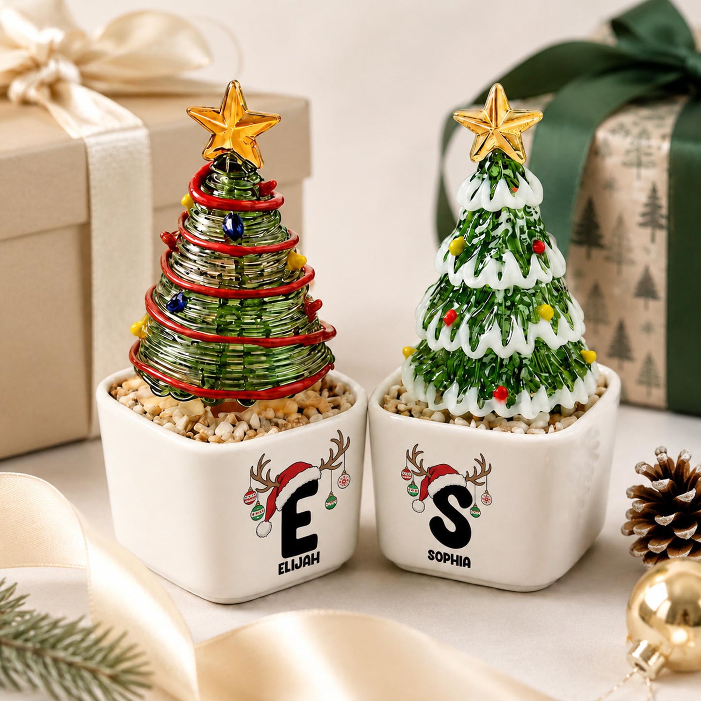 Custom Ceramic Pot with Glass Christmas Tree, Personalized Initial Name Christmas Decor