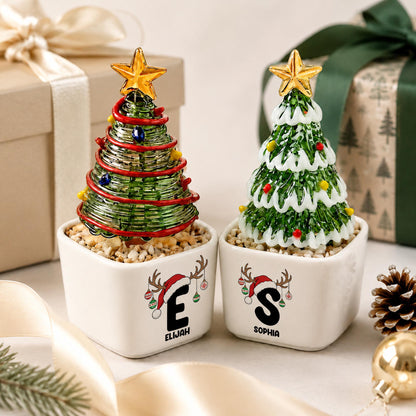 Custom Ceramic Pot with Glass Christmas Tree, Personalized Initial Name Christmas Decor