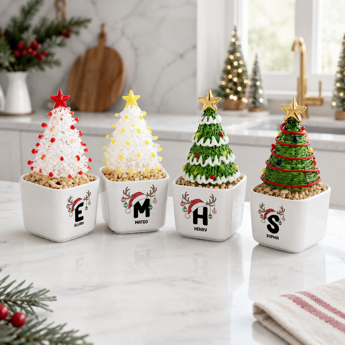 Custom Ceramic Pot with Glass Christmas Tree, Personalized Initial Name Christmas Decor