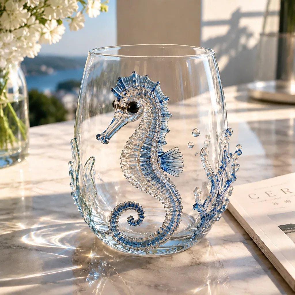 3D Ocean Animal Glass Cup, Sea Creature Glassware, Shark Turtle Dolphin Octopus Whale Jellyfish Crab Seahorse Cup