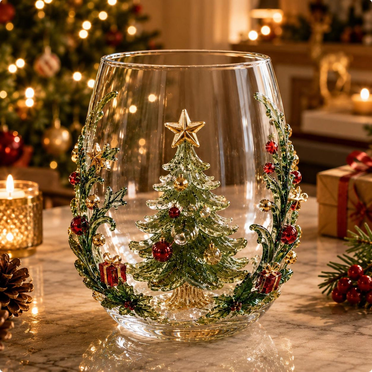 Christmas Glass Cup, Santa Reindeer Snowman Tree Holiday Glassware, Cute Christmas Drink Cup