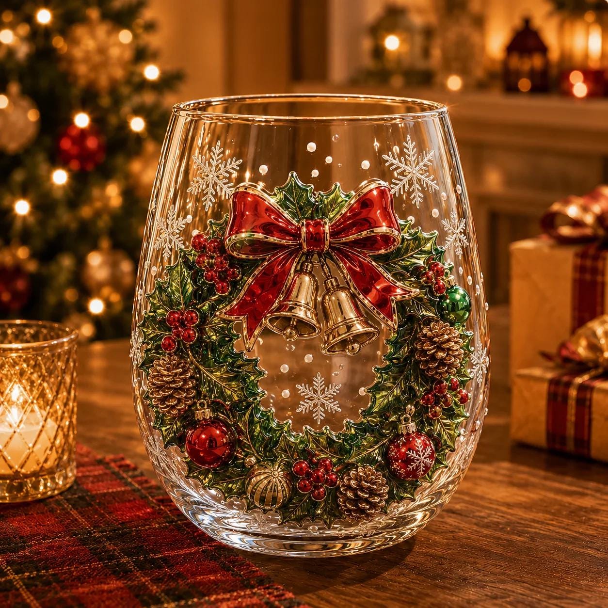 Christmas Glass Cup, Santa Reindeer Snowman Tree Holiday Glassware, Cute Christmas Drink Cup