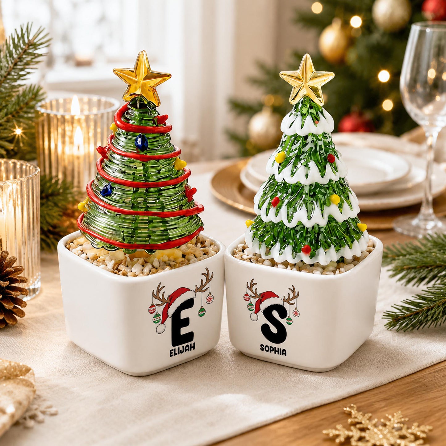 Custom Ceramic Pot with Glass Christmas Tree, Personalized Initial Name Christmas Decor