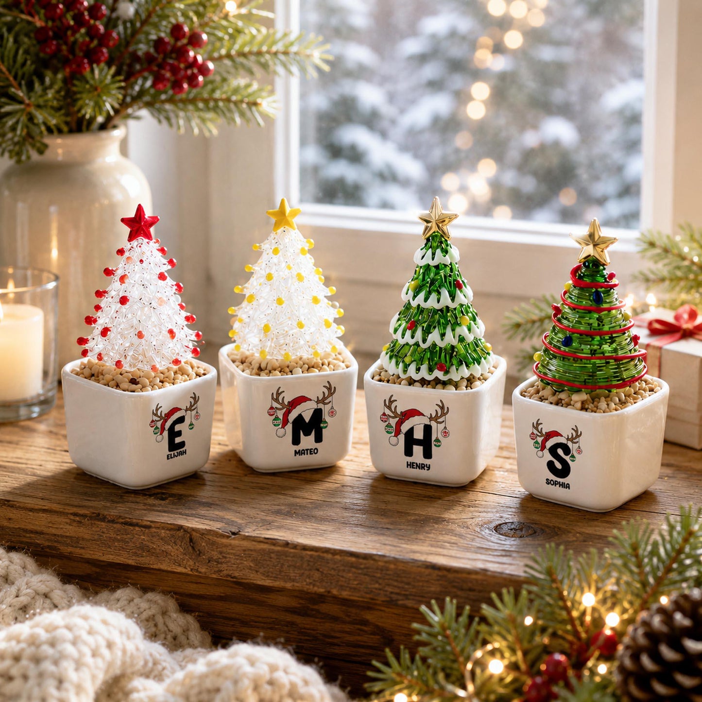 Custom Ceramic Pot with Glass Christmas Tree, Personalized Initial Name Christmas Decor