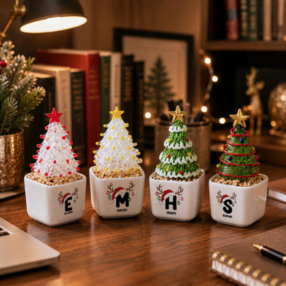 Custom Ceramic Pot with Glass Christmas Tree, Personalized Initial Name Christmas Decor