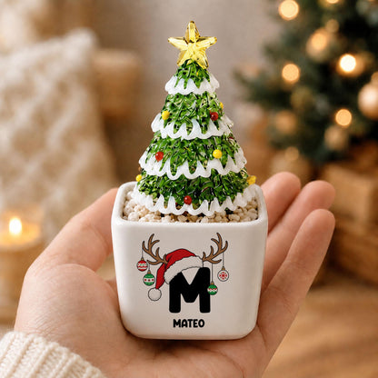 Custom Ceramic Pot with Glass Christmas Tree, Personalized Initial Name Christmas Decor