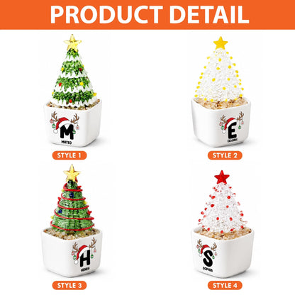 Custom Ceramic Pot with Glass Christmas Tree, Personalized Initial Name Christmas Decor