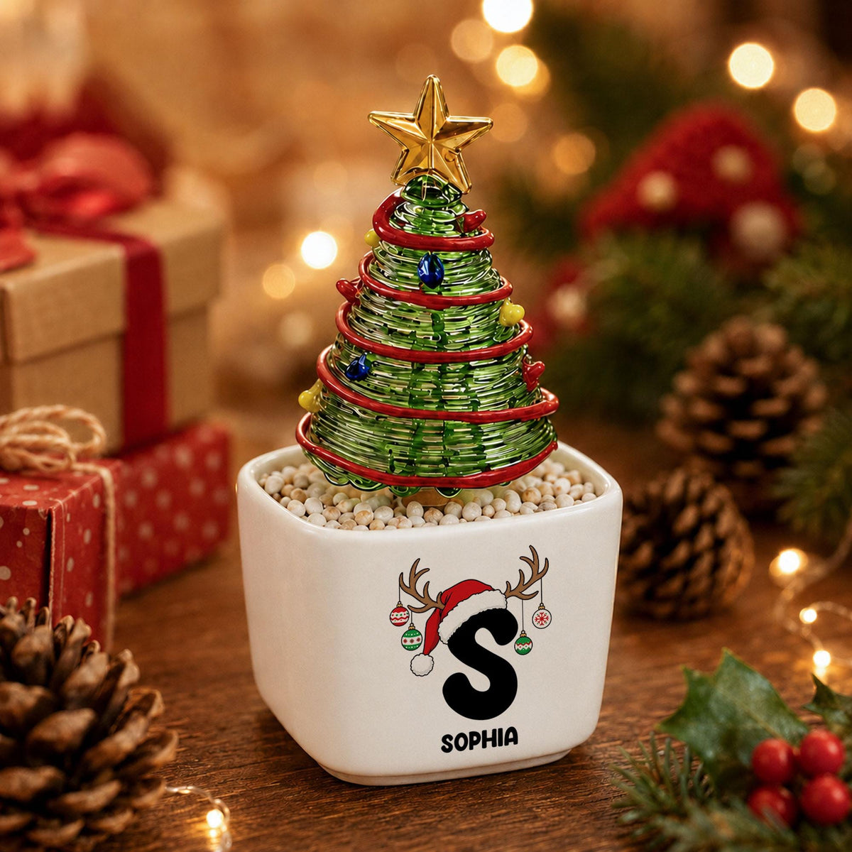 Custom Ceramic Pot with Glass Christmas Tree, Personalized Initial Name Christmas Decor