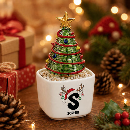 Custom Ceramic Pot with Glass Christmas Tree, Personalized Initial Name Christmas Decor
