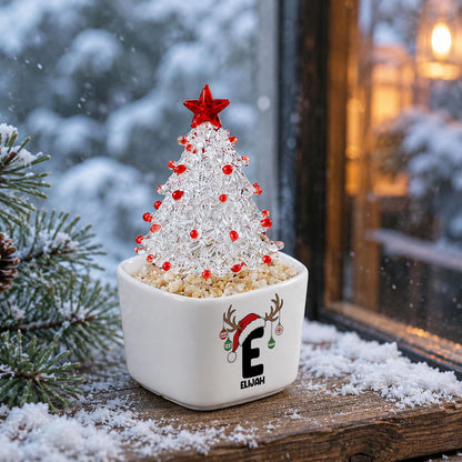Custom Ceramic Pot with Glass Christmas Tree, Personalized Initial Name Christmas Decor